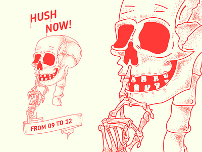 Hush now! card clean dead design halloween illustration poster quiet scary skull time vector
