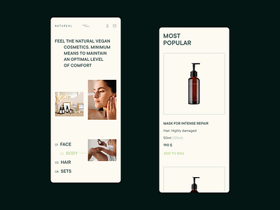 Mobile version of the Natureal cosmetics online store website android color cosmetic creative design fashion figma font free grid health mobile mobile app product typography ui ux