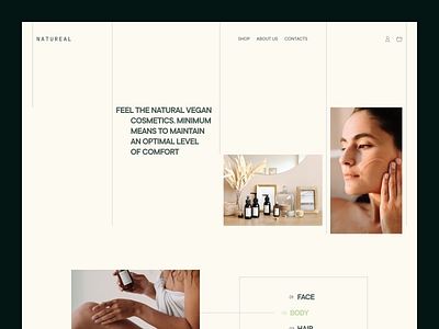 The website of the Natureal cosmetics online store color cosmetic creative design fashion figma font grid health homepage layout magazine minimalism nature photo product redesign typography ui ux