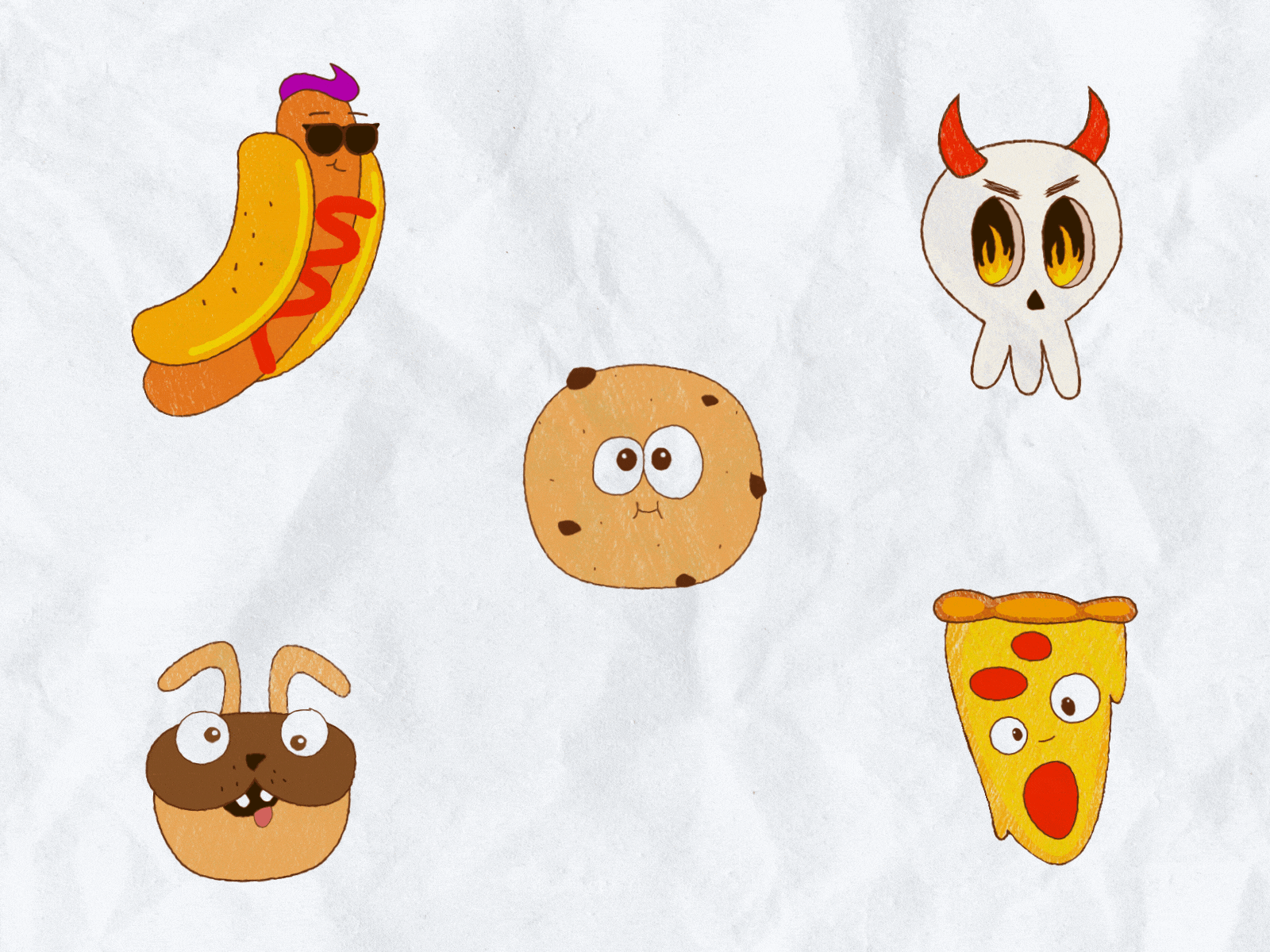 Crazy stickers! animation cartoon cookie cute design dog emoji emotions funny hot dog illustration joyfully kids illustration motion graphics pizza skull stickers