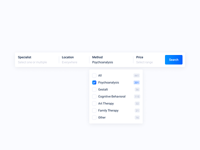 Search | Daily UI | 022 dailyui dropdown filter input field location new price search search bar specialist therapy ui user interface