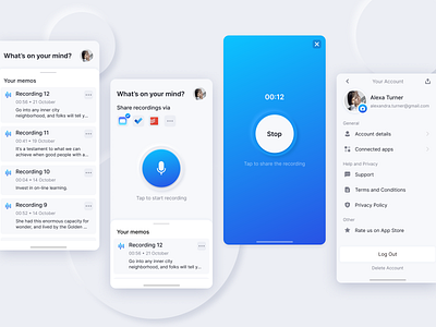 Voice Memo App Redesign account account settings case study iconography memo mobile neomorphic neomorphism notes panel recording redesign ui user interface ux voice memo