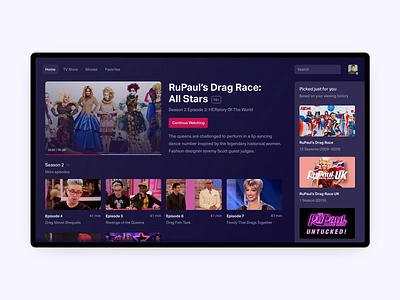 TV Application | DailyUI | 025 dailyui dark dark app dark mode design drag race new rupaul rupauls drag race smart smart tv steaming television tv tv app tv series tv show ui user interface web