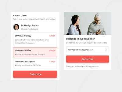 Subscribe Screen | DailyUI | 026 026 card dailyui design doctors email list mobile new newsletter plans price selection session subscribe subscription subscriptions therapy ui user interface