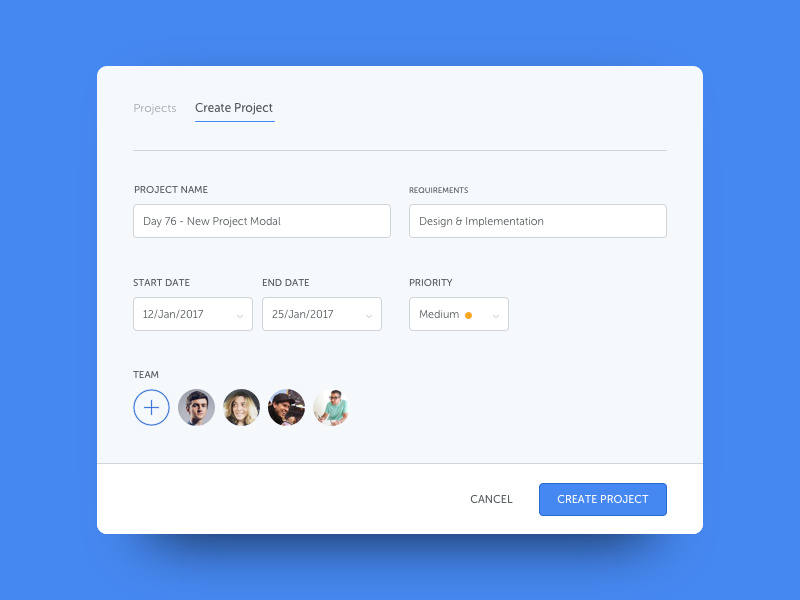 Day 76 - Create New Project view team project picker modal input form field date create