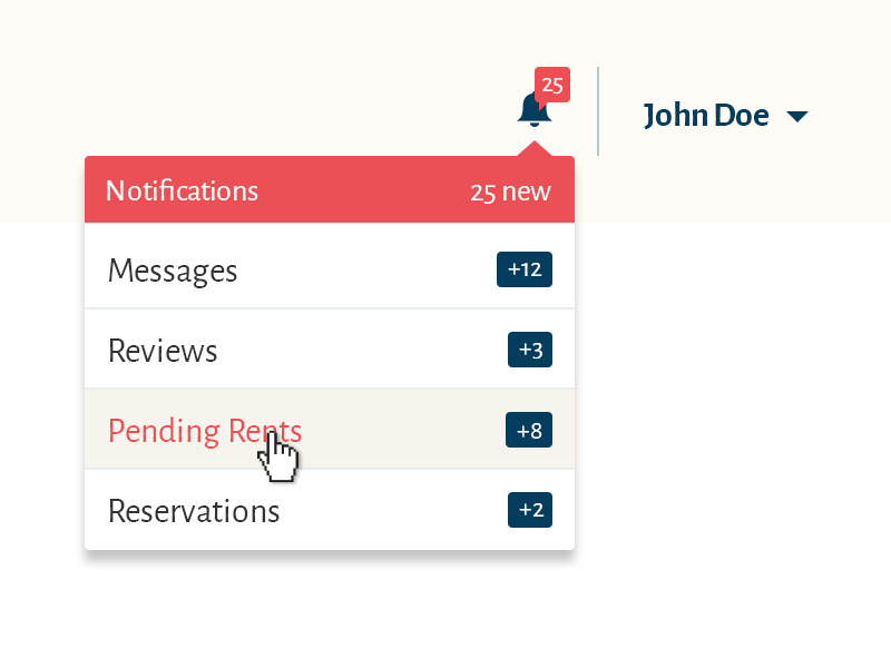 Renting site wip ui dropdown notification blue red rent