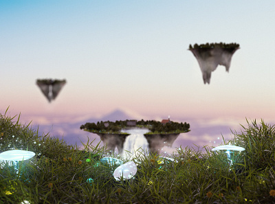 Floating islands 3d 3dart art blender blender3d clouds concept art design environment fantasy landscape mushroom nature photoshop sky waterfall