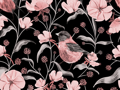 Pink Birds & Flowers birds botanical floral flowers illustration pattern pink procreate vector