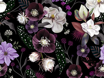 Botanical Dream black dark floral flowers garden illustration night pattern