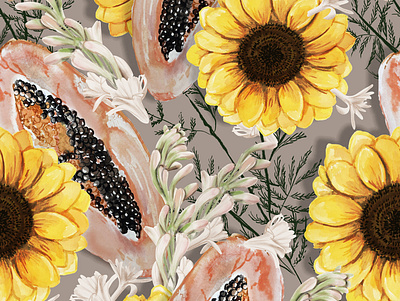 Papaya & Sunflowers floral flowers illustration pattern summer sunflower watercolor yellow