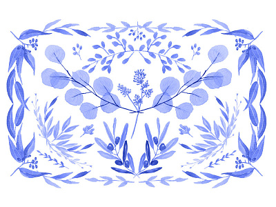 Indigo scene blue botanic flowers greek indigo leaves nature pattern tile
