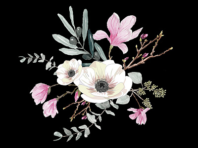Floral bouquet black drawing flowers illustration leaves painting pattern pink watercolor