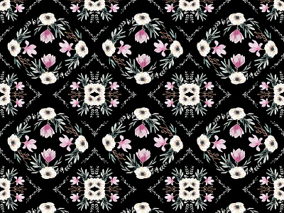 Floral Tiles black botanic design drawing floral flowers graphic design illustration leaves nature painting pattern pink seamless pattern textile watercolor