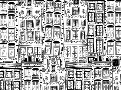 Amsterdam houses black and white city drawing floral flowers houses ink ipad pro procreate travel