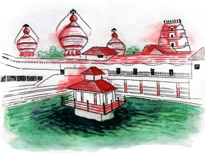 Udupi Krishna Mutt - Madhwa Sarovar (lake) celebration green illustration indian indianfestivals krishnatemple lake red udupi watercolor