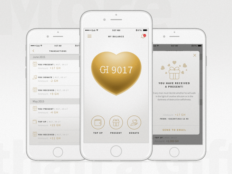 Charity app, animation animation app balance charity gif gold heart interface ios present transactions ui