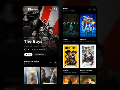 Jaskier: Main page (Mobile) amazon prime video better call saul concept concert dark theme design imdb jaskier mobile mobile design movies ozark rotten tomatoes the boys trailers tv ui ux video website