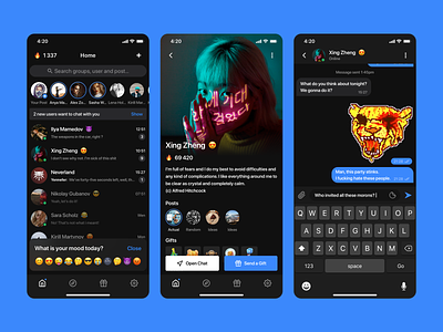 Mood Messenger App: Home, Profile, Chat #1 chat dark dark mode dark theme design emoji ios messenger messenger app mobile mood profile ui uidesign ux uxdesign