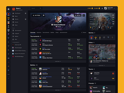 GO2DEN: Player Profile battles cybersport dark dark mode dark theme design discord esport friends game stream teams tournaments ui uiux ux web web design webdesign website