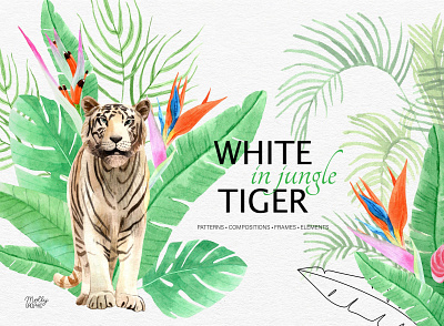 White tiger in jungle collection illustration jungle leaves palm pattern tiger tropic tropic flowers watercolor