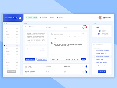 ReturnSoftly - Customer Support Control Center ui ux