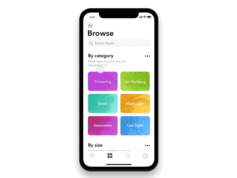 Flora App Concept animation app cards concept flora gradients greenery interaction iphone x plants tab