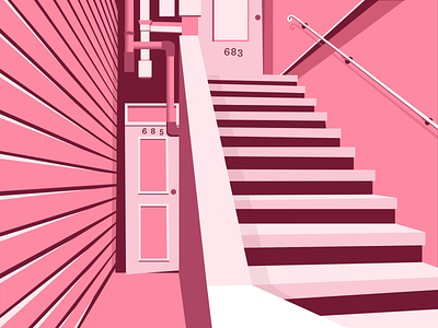 Home again, home again color design home house illustration perspective pink san francisco stairs vector