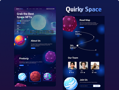 Quirky Space NFT Landing Page design designer landingpagedesign nftdesign nftlandingpage ui uid uiuxdesigner userexperience ux uxd uxdesign uxdesigner uxdesignmastery vector web3.0 web3.0design webdesign weblandingpage