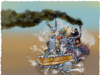 Exhalation of steam and music. cartoon colour digital drawing illustration pencil piano robot steam steampunk