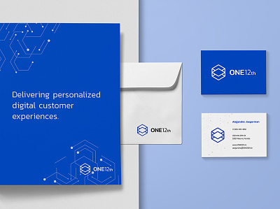 ONE12th Collaterals 1 automation blue brand identity business consulting cube cube logo data hexagon hexagon logo logo logo design modern modern identity modern logo services tech tech identity tech logo visual identity