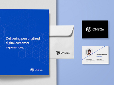 ONE12th Collaterals 3 automation blue brand identity business consulting cube cube logo data hexagon hexagon logo logo logo design modern modern identity modern logo services tech tech identity tech logo visual identity