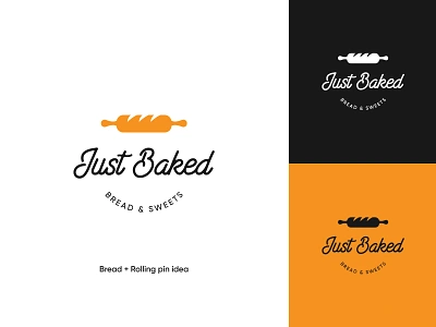 just baked logo 2 bakery bakery logo bread lettering logo organic pastry rolling pin wheat wheat logo wordmark wordmark logo yellow