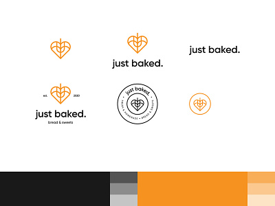 just baked. logo variations + mockups bakery bakery logo bread lettering logo organic pastry rolling pin wheat wheat logo wordmark wordmark logo yellow