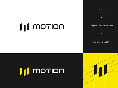 Motion Logo abstract brand brand identity branding energy flow geometric letter m logo motion movement performance sport sports supplement thunder yellow