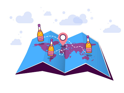 Map Illustration bottles clouds colorful illustration location map wine wine map world world map