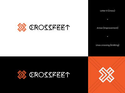 CrossFeet Logo Concept 4 abstract arrow arrow logo athletes brand identity gym knitting letter letter x letter x logo letterform logo logo design modern socks socks logo visual identity wordmark