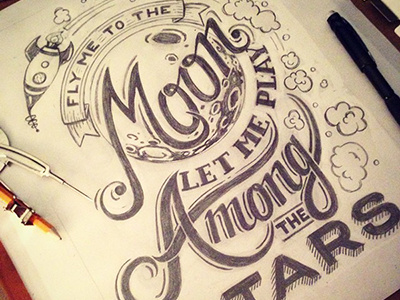 Fly Me To The Moon block print frank sinatra hand lettering illustration lyrics moon pencil rocket stars type typography