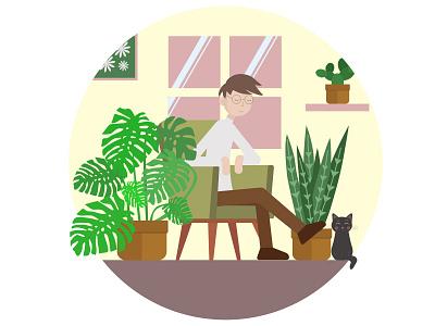 Plantman at home cat chill cosiness cozy cute design graphic design home houseplant illustration plant relax stayhome vector