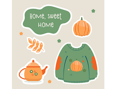 Home, sweet home / Autumn sticker set adobe autumn cozy cute cute stickers design graphic design home illustration illustrator pumpkin sticker stickers sweet home vector
