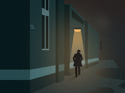weekly illustration challenge - Rainy night flat illustration light man rain retro scene vector weather