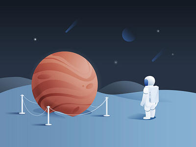 Exhibition Of A Planet astronaut character design exhibition flat illustration planet scene sky space universe vector