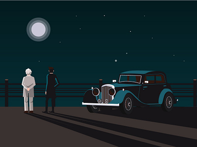 Good Omens car character flat illustration noir scene sky vector