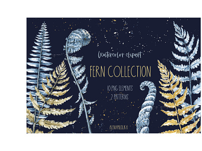 Watercolor fern indigo clipart. Wild Forest fern print