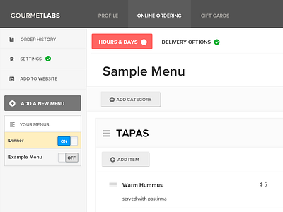Gourmet Labs Backend backend design online ordering restaurants ui user interface