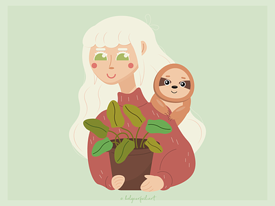 cozy girl and a sloth animals animals art cute cute girl flat flat illustration flower girl girl art illustration sloth vector vector art