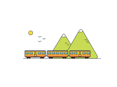 Mountain Train 2d flat illustration minimal sun train travel vector yellow