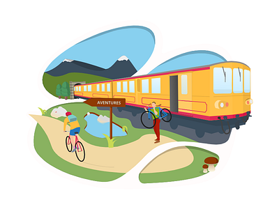 Yellow Train Bike poster 2d ad cycle deep flat hiking illustration mountain paper sncf train travel