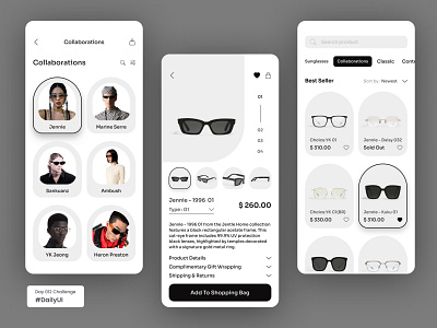 E-Commerce Shop For Daily UI Challenge Day 012 black and white bw daily ui dailyui e commerce glasses minimalism mobile shop sunglasses ui user interface user interface design visual design