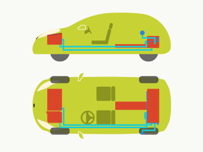 How does an electric car work? automobile car electric car flat infographic technical drawing upper view vehicle