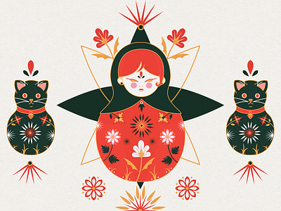 Purrfection in Russian art cat cat lover cats crazy cat ladies design dolls flowers illustration illustration art kitty line art matryoshka ornaments russian doll woman